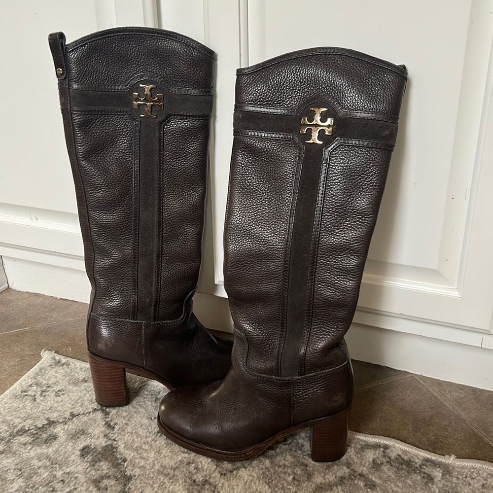 Tory Burch Dark Brown Leather Knee-High Heeled Boots with Gold Logo